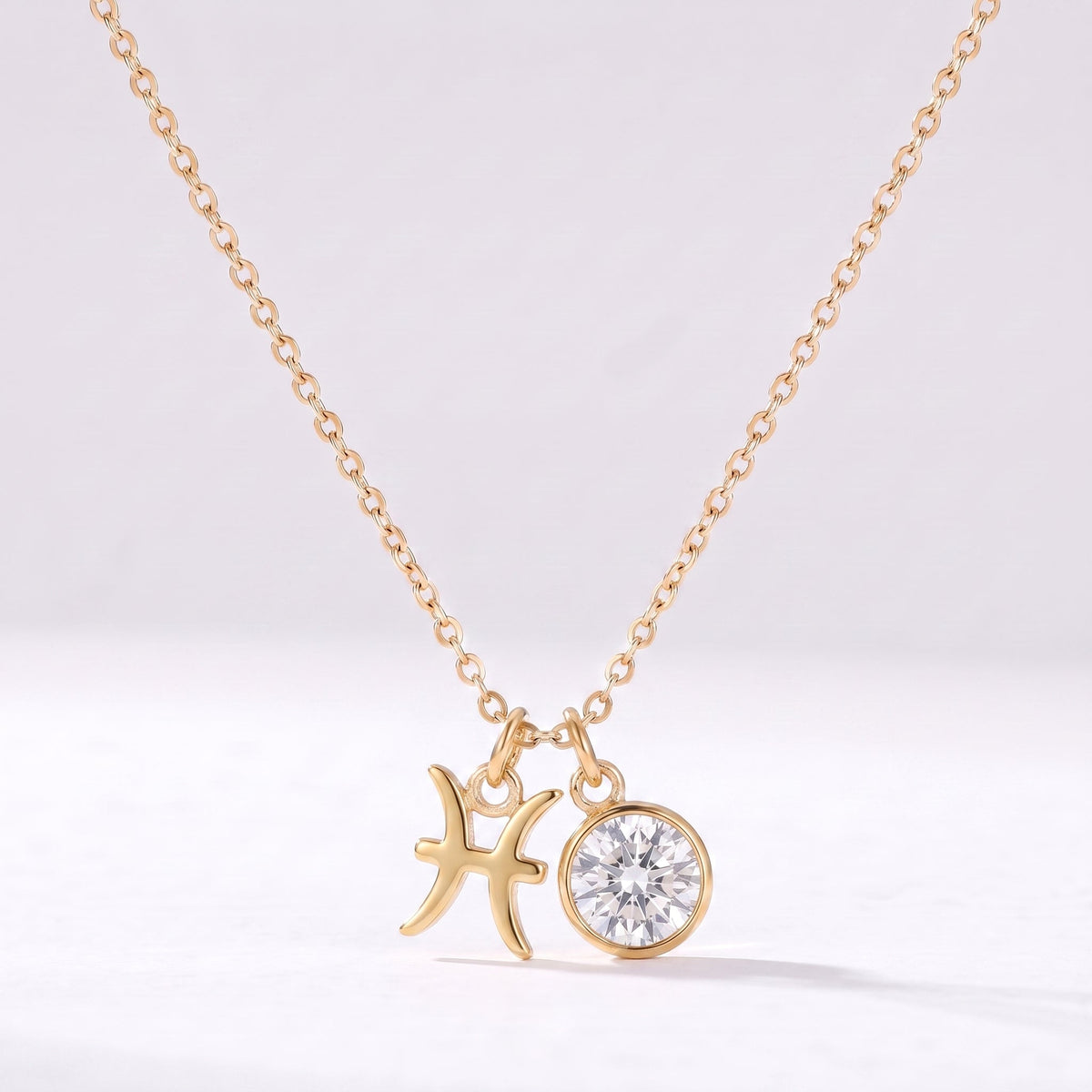 Collar signo del zodiaco Piscis dorado con piedra de nacimiento Diamante