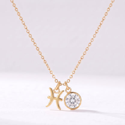 Collar signo del zodiaco Piscis dorado con piedra de nacimiento Diamante