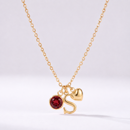 Collar letra S dorado con piedra de nacimiento y coração