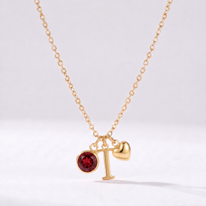 Collar letra T dorado con piedra de nacimiento y coração