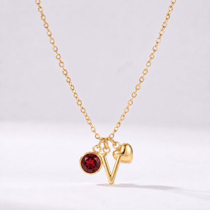 Collar letra V dorado con piedra de nacimiento y coração