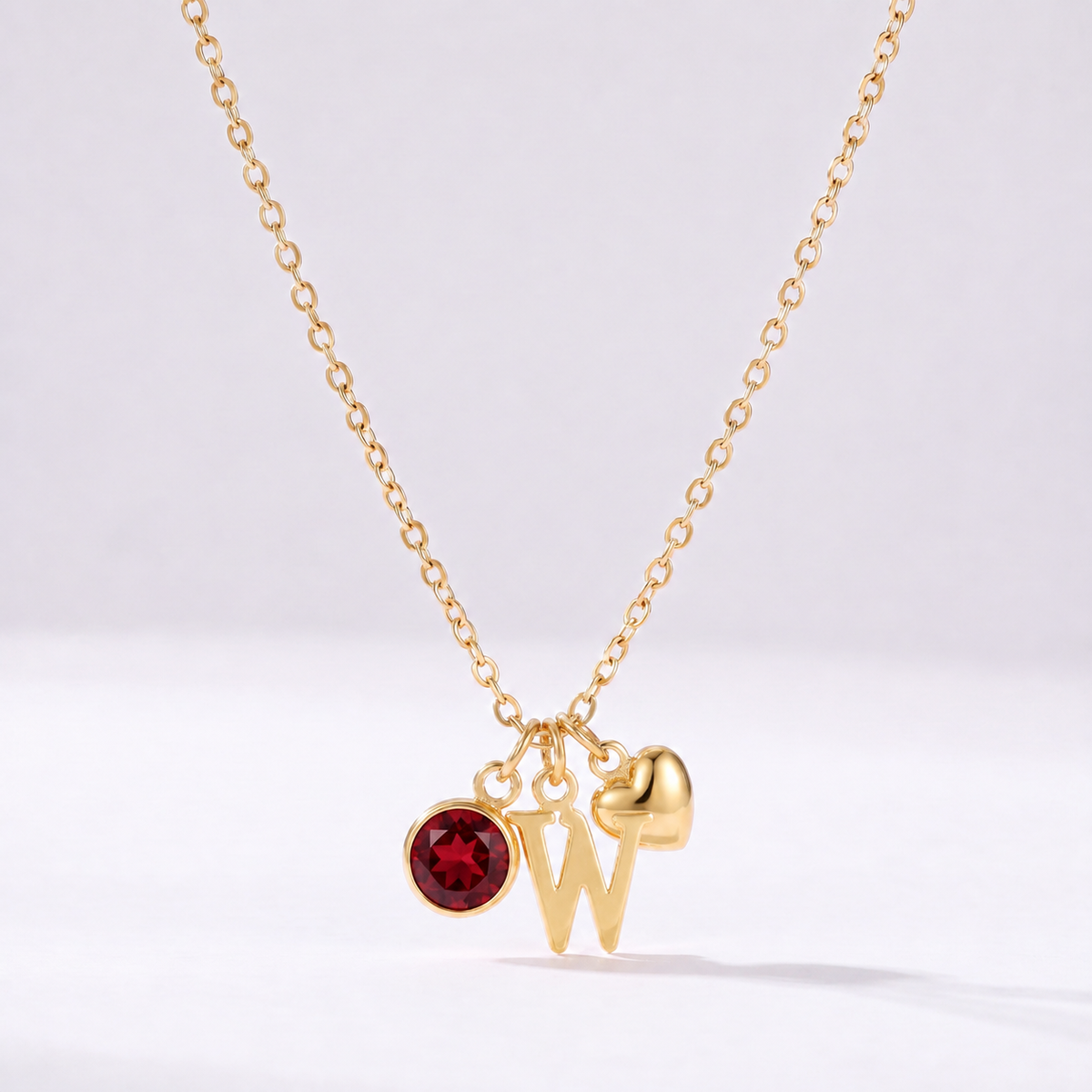 Collar letra W dorado con piedra de nacimiento y coração