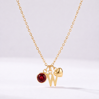 Collar letra W dorado con piedra de nacimiento y coração