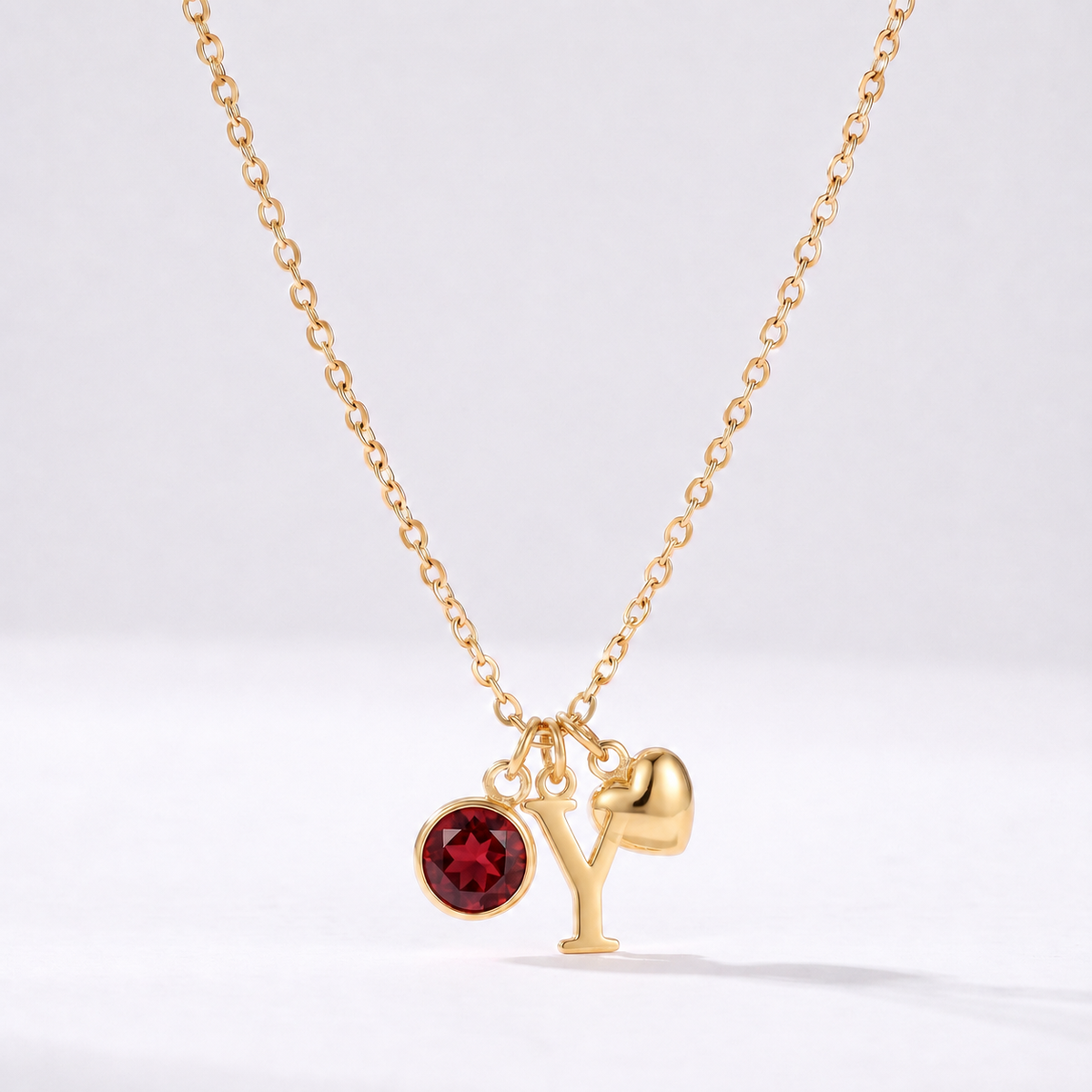 Collar letra Y dorado con piedra de nacimiento y coração