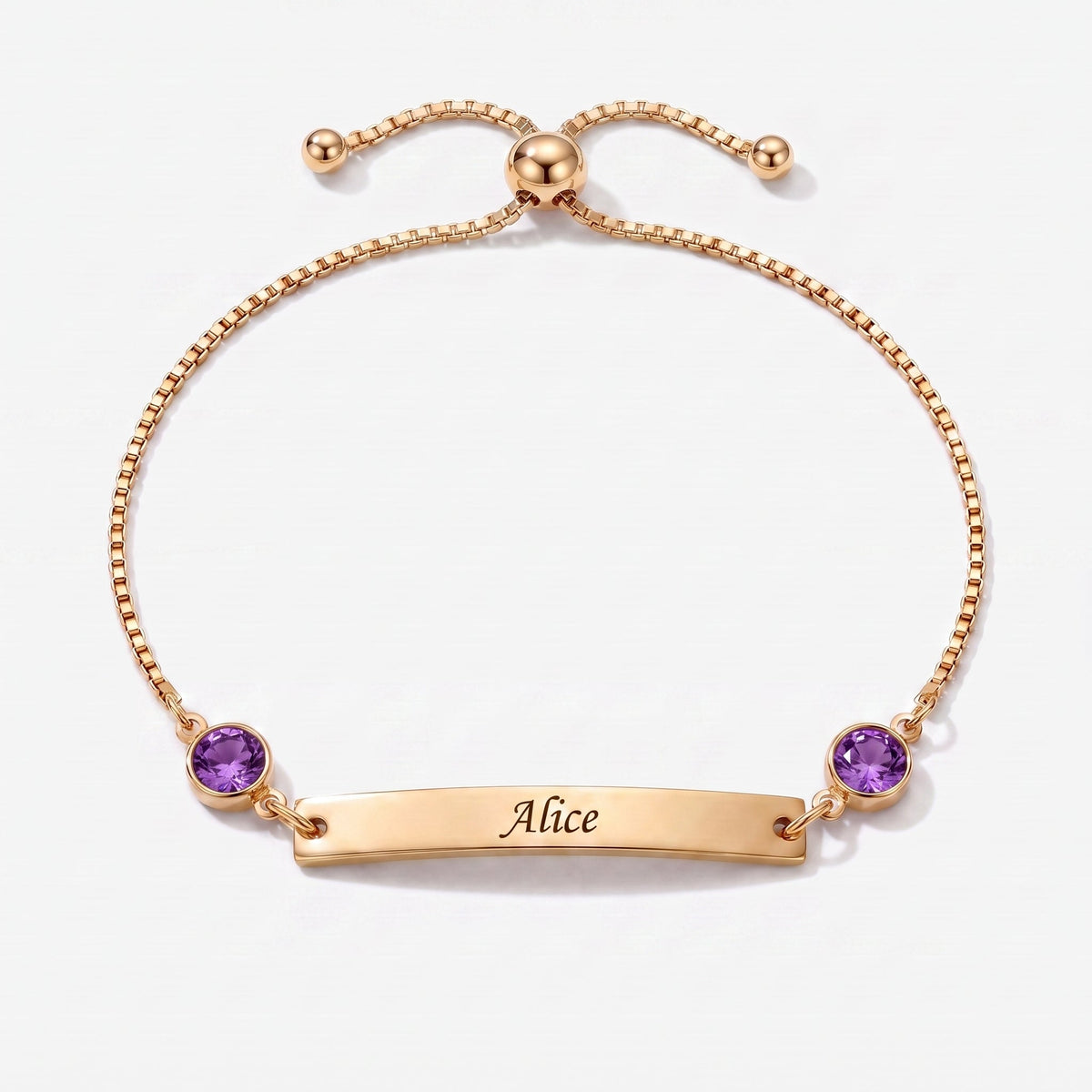 Pulsera personalizada con nombre, placa y piedra de nacimiento dorada — Febrero, Amatista — placa grabable y dos piedras