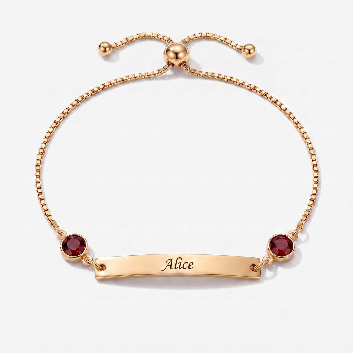 Pulsera personalizada con nombre, placa y piedra de nacimiento dorada — Julio, Rubí — placa grabable y dos piedras