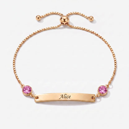 Pulsera personalizada con nombre, placa y piedra de nacimiento dorada — Junio, Alejandrita — placa grabable y dos piedras