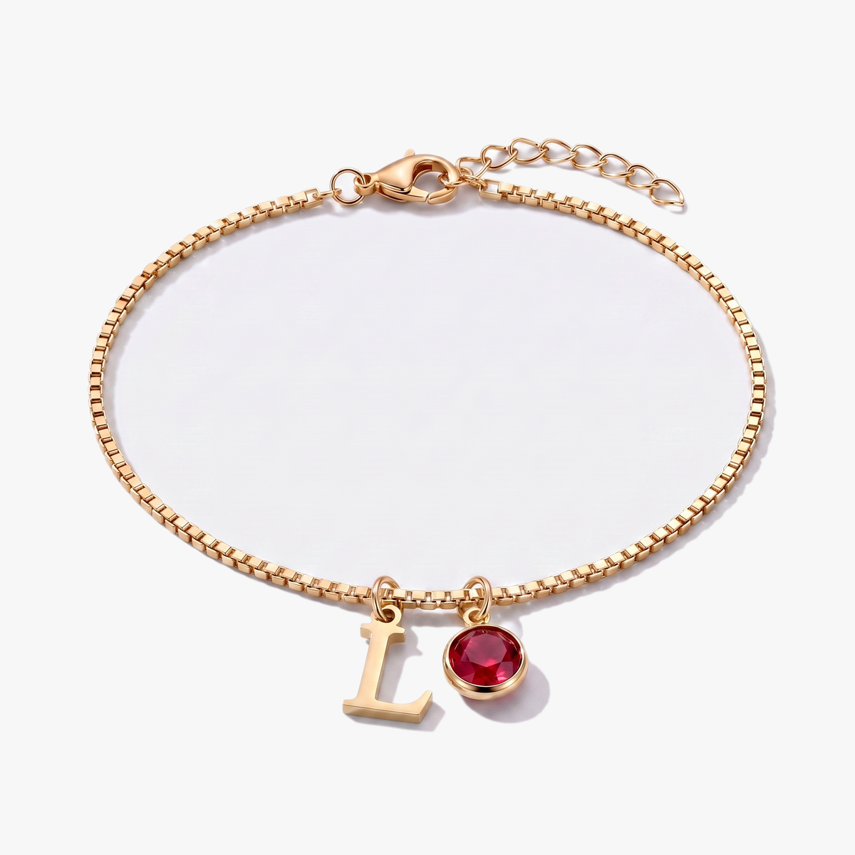 Pulsera letra L dorada con piedra de nacimiento Enero — Granate
