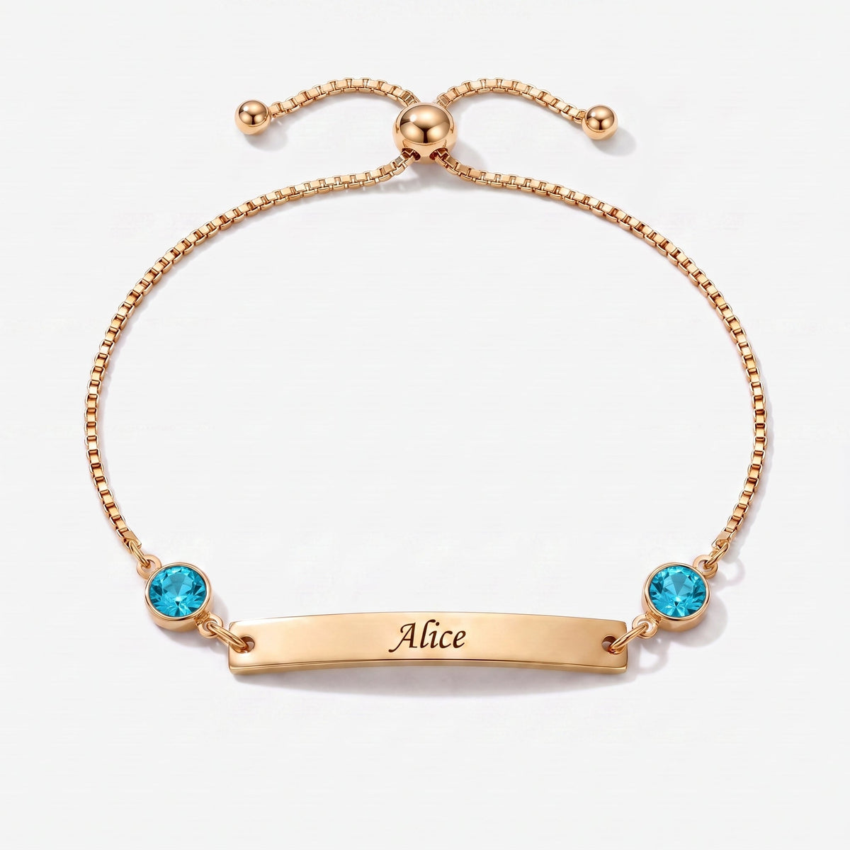 Pulsera personalizada con nombre, placa y piedra de nacimiento dorada — Marzo, Aguamarina — placa grabable y dos piedras