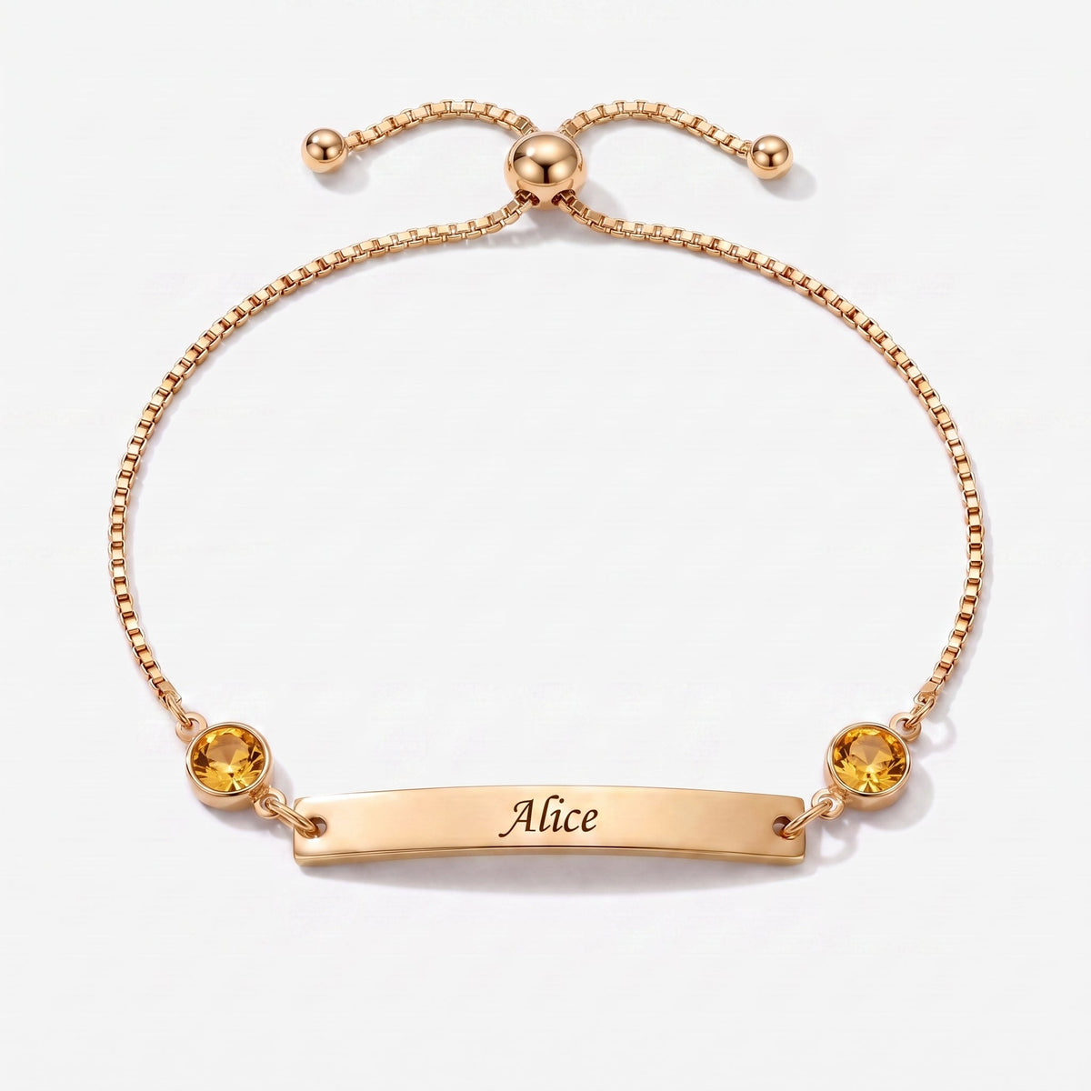 Pulsera personalizada con nombre, placa y piedra de nacimiento dorada — Noviembre, Topacio — placa grabable y dos piedras