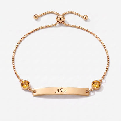 Pulsera personalizada con nombre, placa y piedra de nacimiento dorada — Noviembre, Topacio — placa grabable y dos piedras