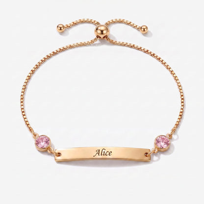 Pulsera personalizada con nombre, placa y piedra de nacimiento dorada — Octubre, Turmalina — placa grabable y dos piedras
