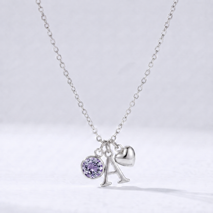 Collar letra A plateado con piedra de nacimiento Junio — Alejandrita y coração