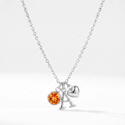 Collar letra A plateado con piedra de nacimiento Noviembre — Citrino y coração