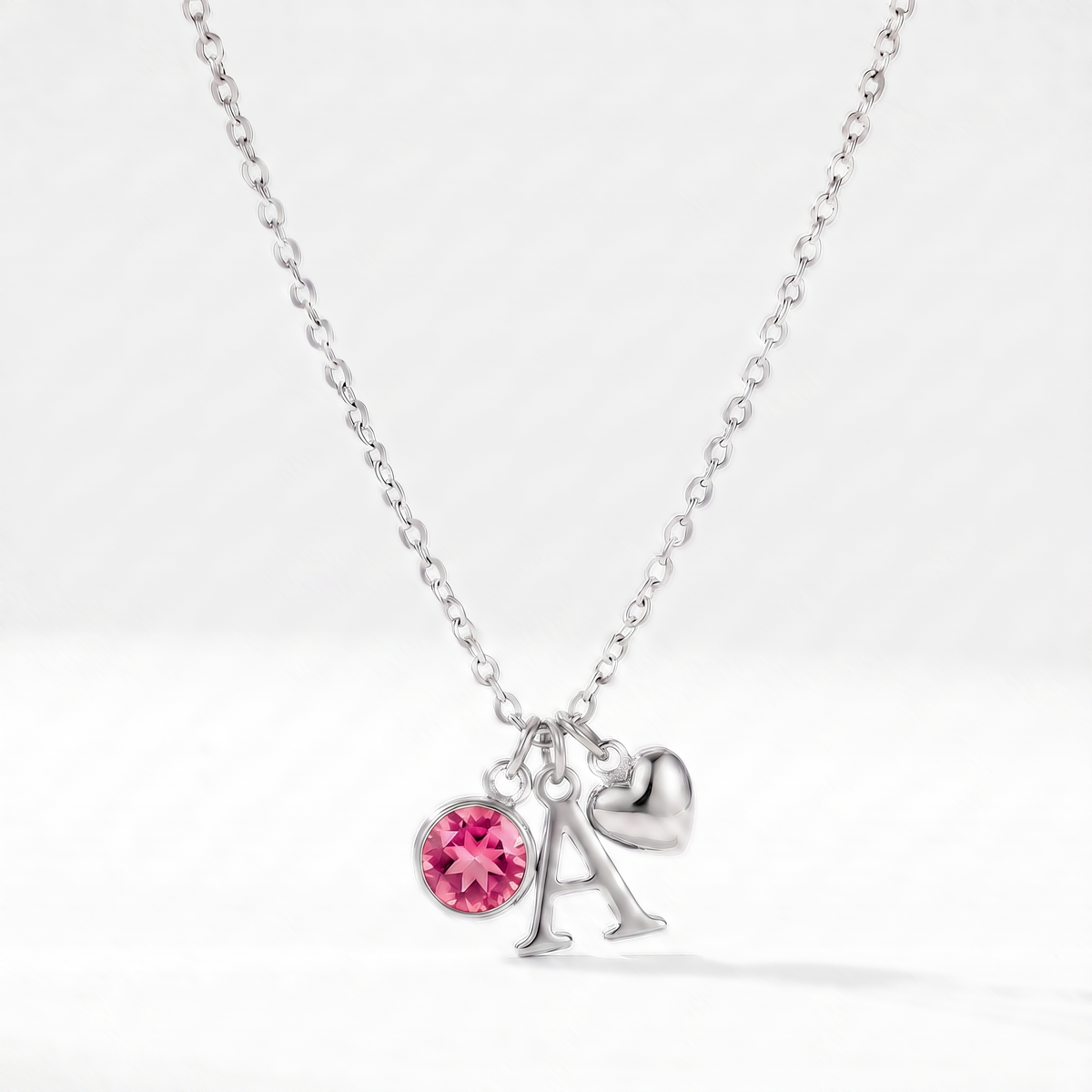 Collar letra A plateado con piedra de nacimiento Octubre — Turmalina Rosa y coração