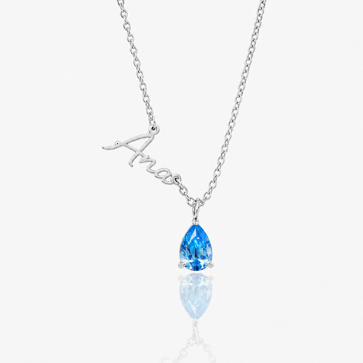 Collar Nombre y piedra de nacimiento plateado — Diciembre — Topacio azul