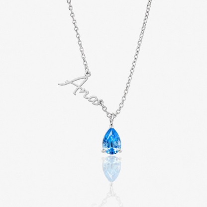 Collar Nombre y piedra de nacimiento plateado — Diciembre — Topacio azul