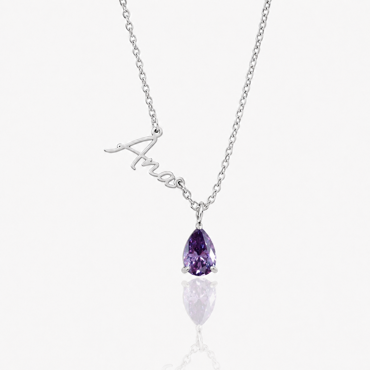 Collar Nombre y piedra de nacimiento plateado — Febrero — Amatista