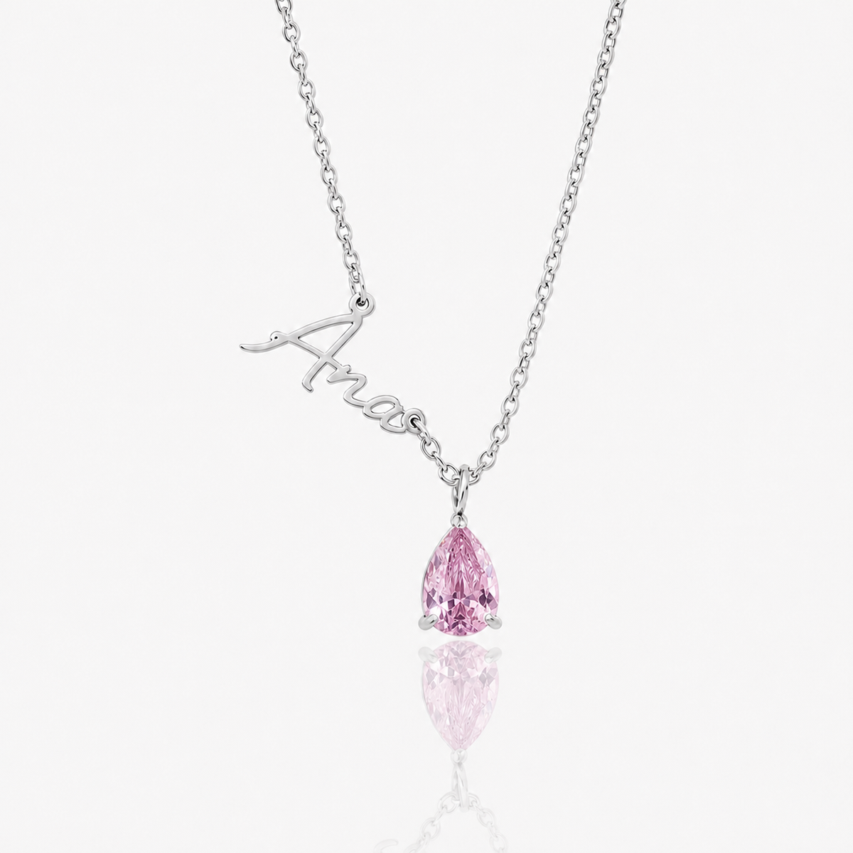 Collar Nombre y piedra de nacimiento plateado — Octubre — Turmalina Rosa