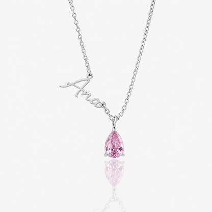 Collar Nombre y piedra de nacimiento plateado — Octubre — Turmalina Rosa