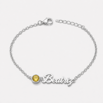 Pulsera con nombre y piedra de nacimiento plateada — Noviembre — Citrino, nombre Beatriz
