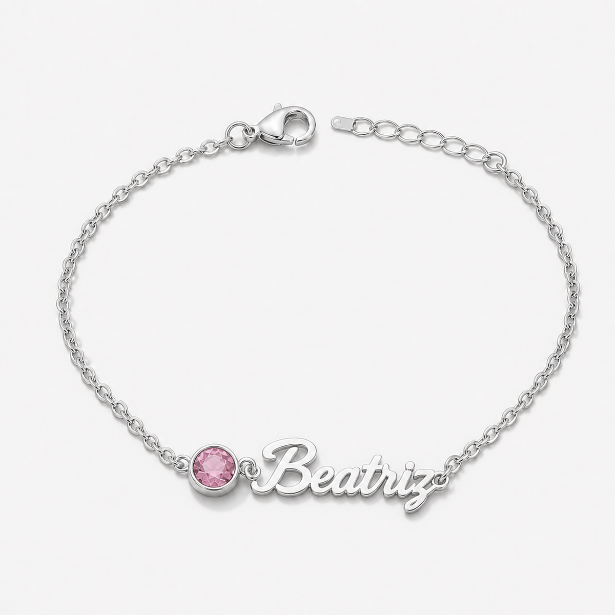 Pulsera con nombre y piedra de nacimiento plateada — Cuarzo rosa (Octubre), nombre Beatriz