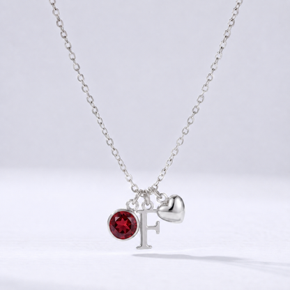 Collar letra F plateado con piedra de nacimiento y coração