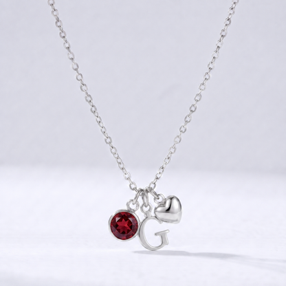 Collar letra G plateado con piedra de nacimiento y coração