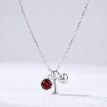 Collar letra I plateado con piedra de nacimiento y coração
