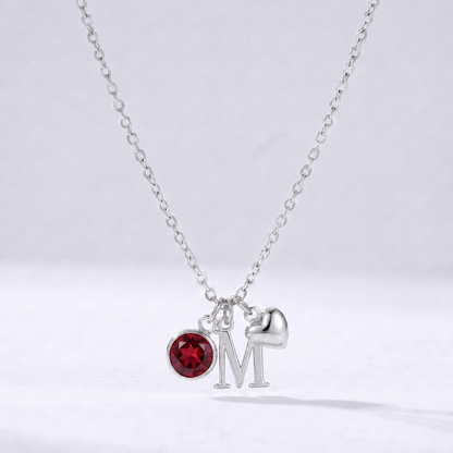Collar letra M plateado con piedra de nacimiento y coração