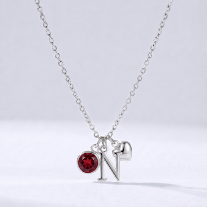 Collar letra N plateado con piedra de nacimiento y coração