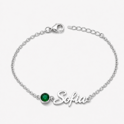 Pulsera con nombre y piedra de nacimiento plateada — Esmeralda (Mayo), nombre Sofia