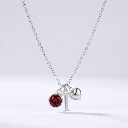 Collar letra T plateado con piedra de nacimiento y coração
