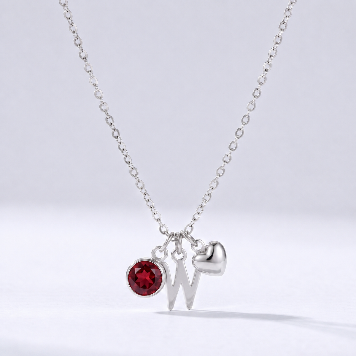 Collar letra W plateado con piedra de nacimiento y coração