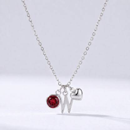 Collar letra W plateado con piedra de nacimiento y coração