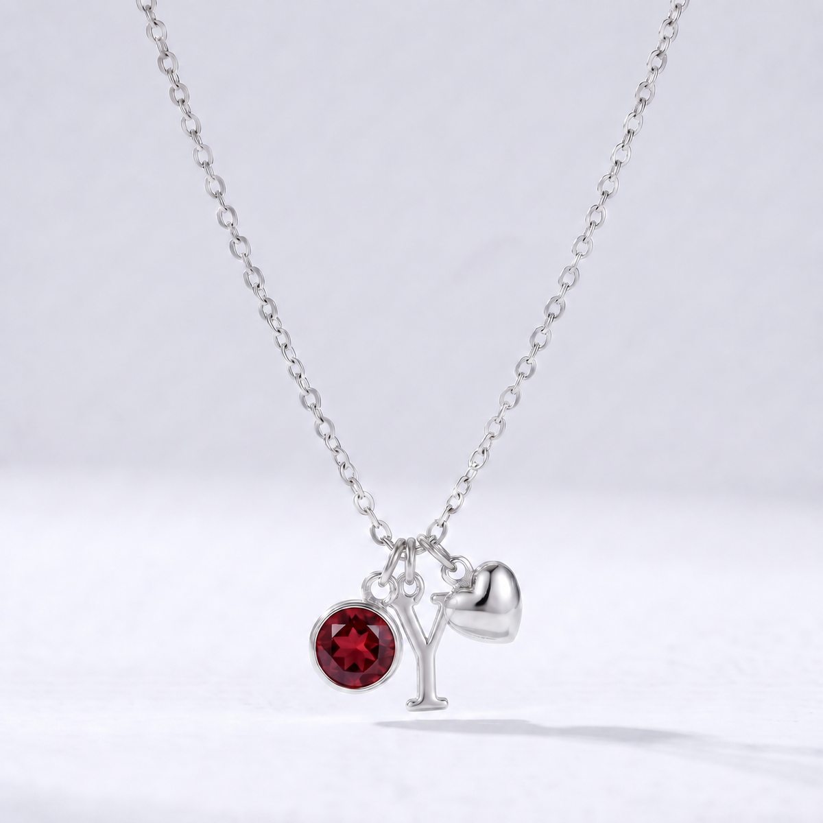 Collar letra Y plateado con piedra de nacimiento y coração