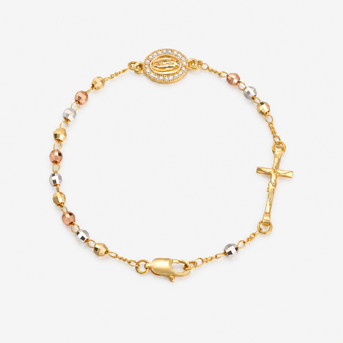 Pulsera Ave María completa con medalla de la Virgen, crucifijo y cuentas tricolor.