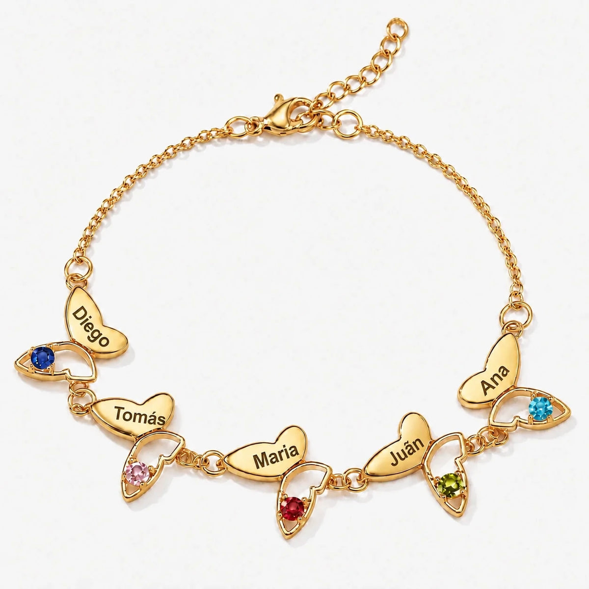 Pulsera Mariposas con Nombre y Piedra dorada — Diego, Tomás, María, Juan y Ana