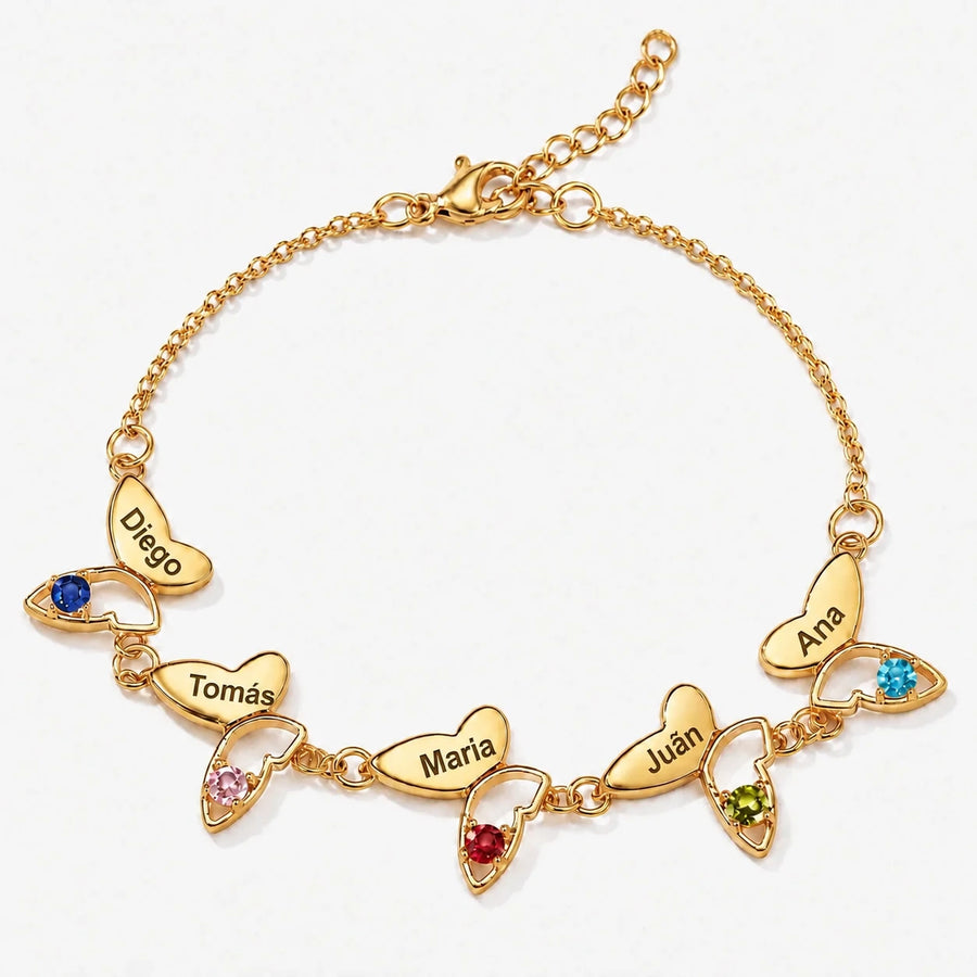 Pulsera Mariposas con Nombre y Piedra dorada — Diego, Tomás, María, Juan y Ana