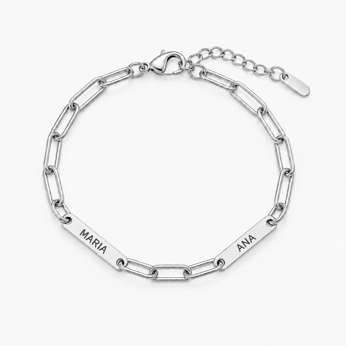 Pulsera de Eslabones plateada personalizada con tres nombres