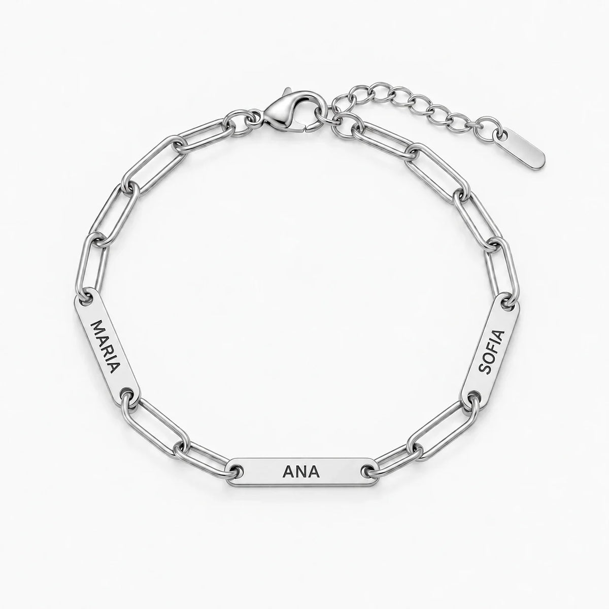 Pulsera de Eslabones plateada personalizada con cuatro nombres