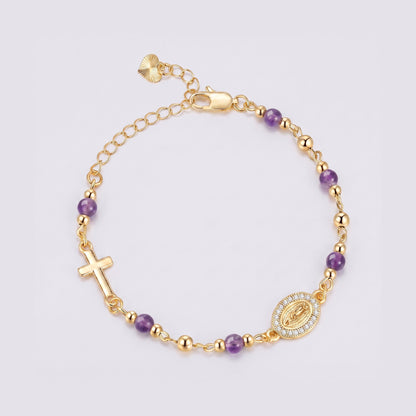 Pulsera Ave María con piedras naturales — cuentas moradas
