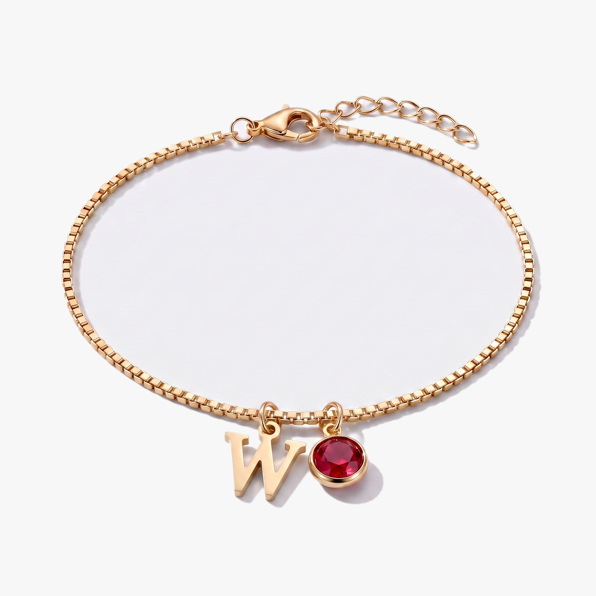 Pulsera letra W dorada con piedra de nacimiento Enero — Granate